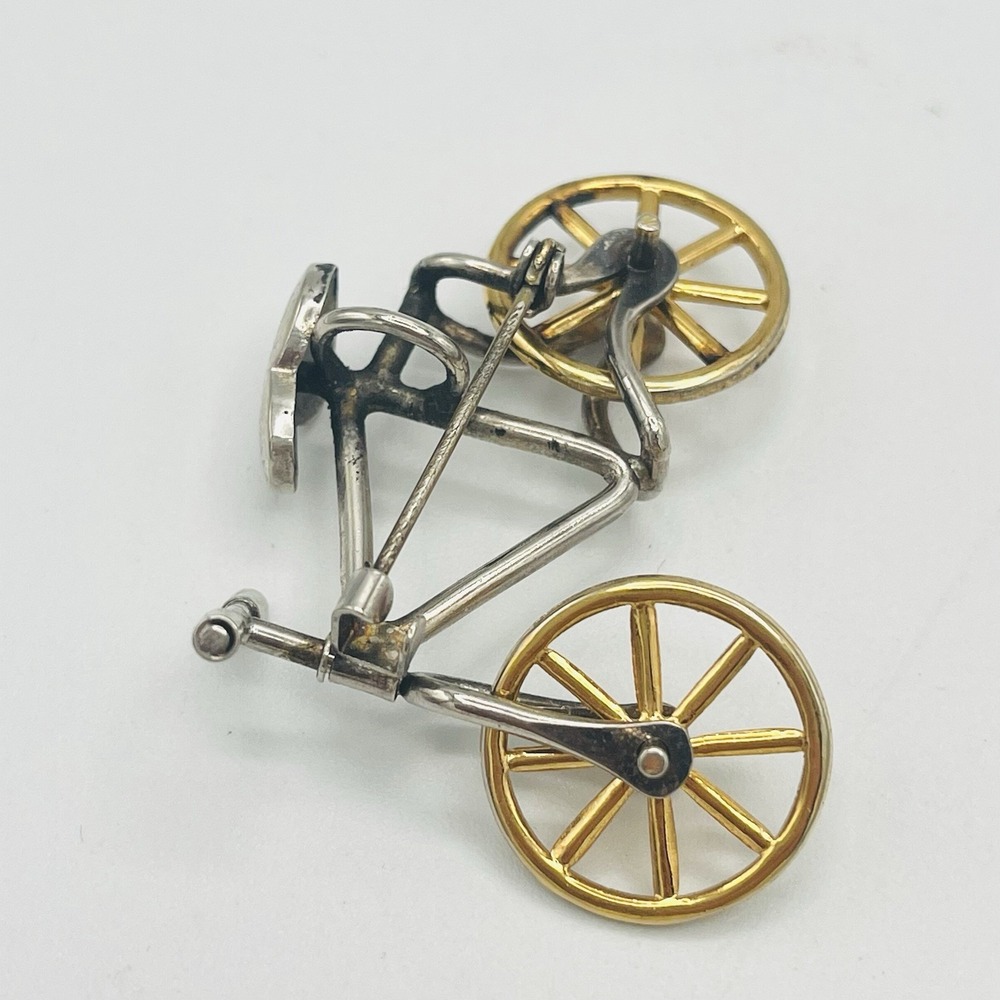 Vintage Silver Gold Bicycle Bike Brooch Pin Articulated Wheels Handle Movable 2" - Picture 3 of 5